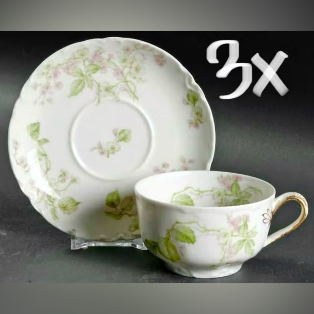 3 Limoges Haviland Schleiger 62 Floral Flat Cup & Saucer Sets, Green Pink Gold